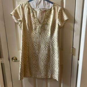 Lilly Pulitzer Gold and Cream Embellished Short-Sleeve Shift Dress
